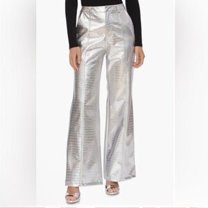 NEW! Avec Le Filles CROC Embossed Silver Wide-Leg Women's Pants Size 6 Leather